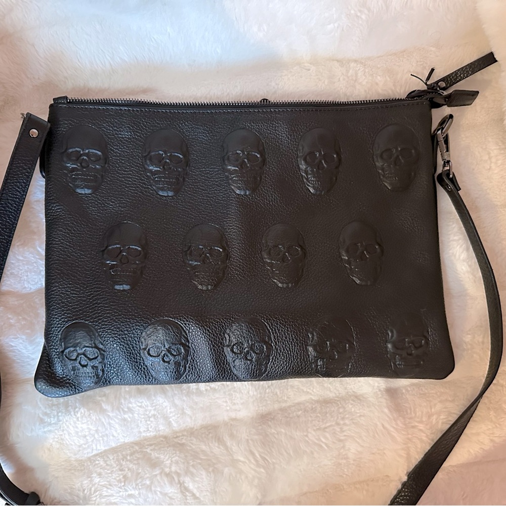 NWT IO Pelle Black Skull Embossed Crossbody Bag